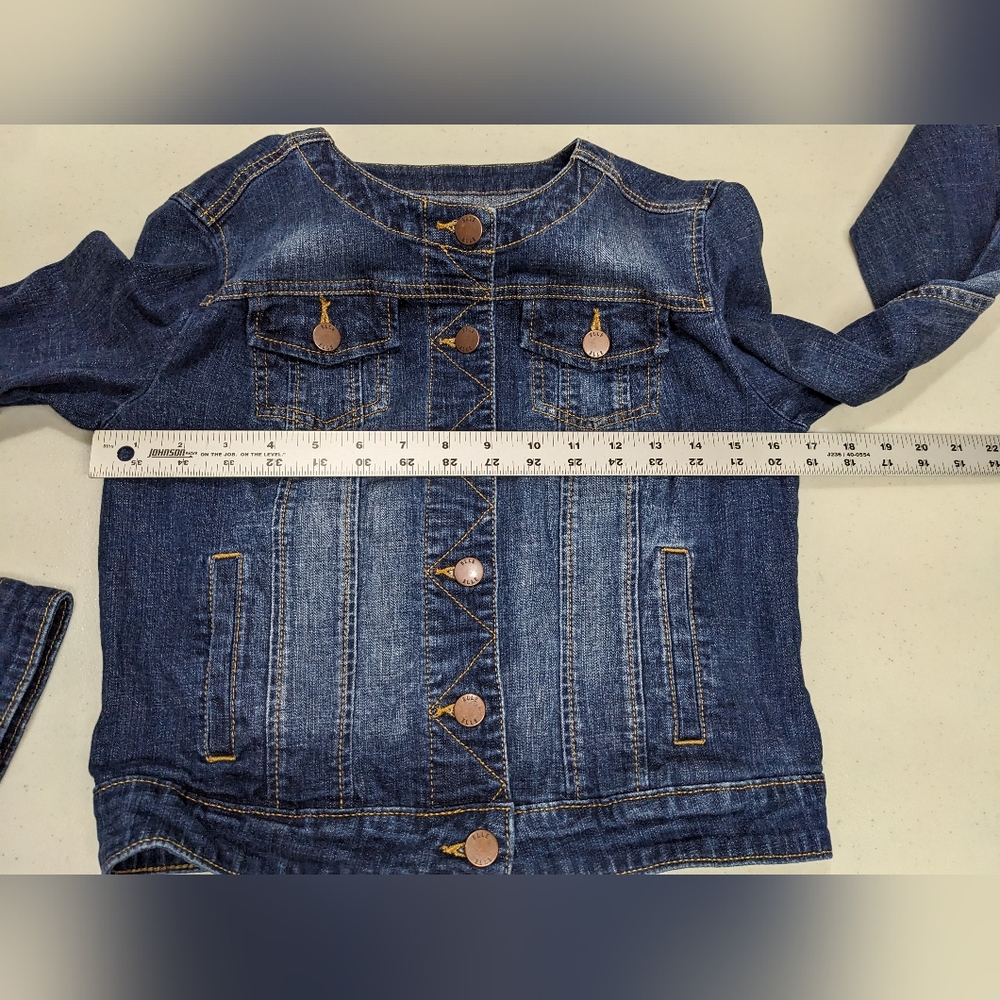 Elle Round Neck Denim Blue Jean Jacket S 90s Distressed #2300 - Picture 4 of 7